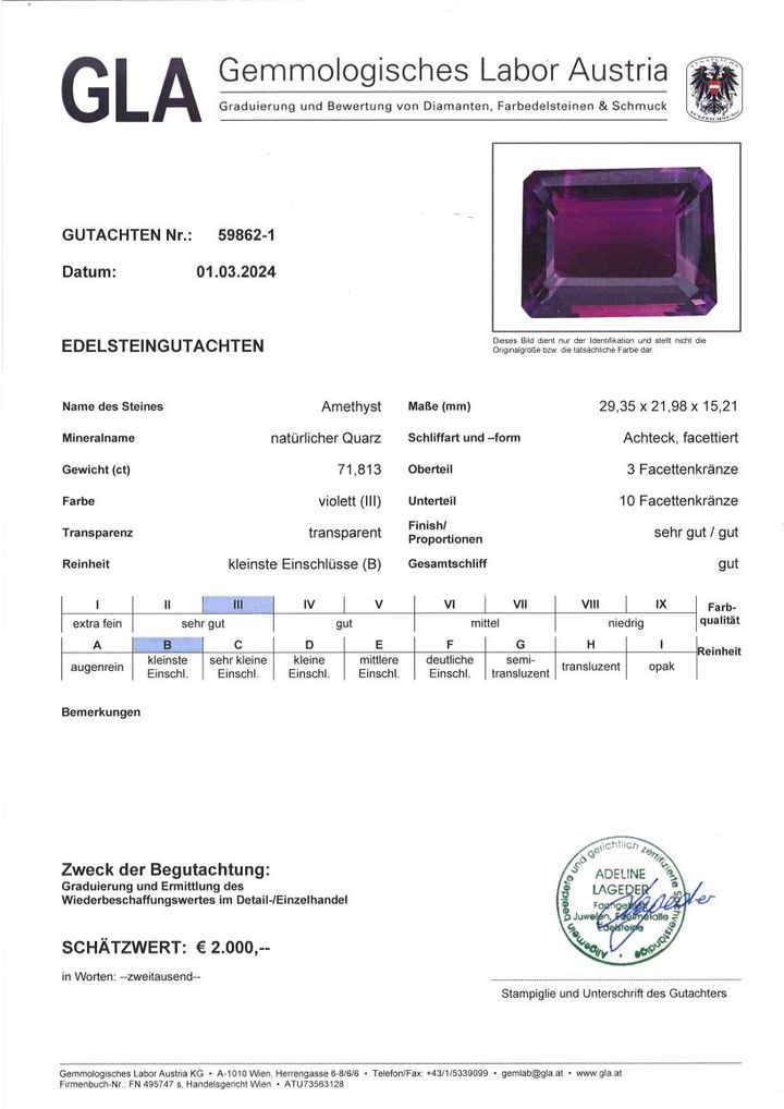 Gutachten zu Amethyst octagon intensives Violett 71,81 ct