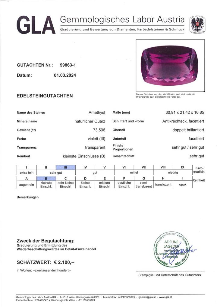 Gutachten zu Amethyst antik intensives Violett unbehandelt 73,59 ct