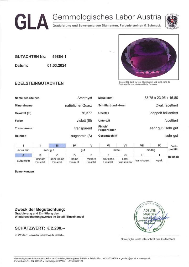 Gutachten zu Amethyst oval intensives Violett 76,37 ct