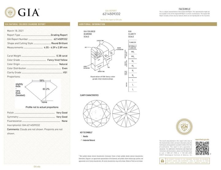 Gutachten zu Farbdiamant Brillant sehr intensives Gelb vs1 0,38 ct.