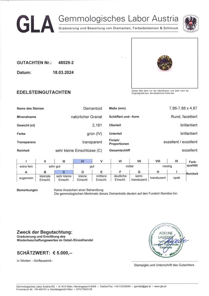 Gutachten zu Demantoid Granat Brillant grün 2,18 ct