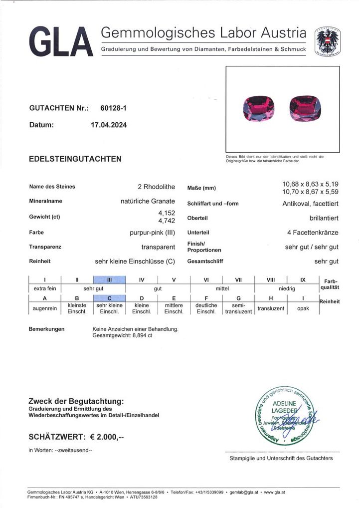 Gutachten zu Rhodolith Duo Granate antik purpurrot 8,89 ct