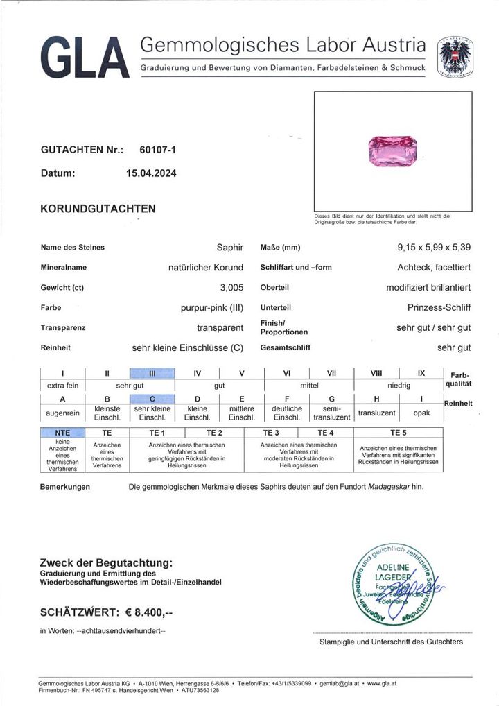 Gutachten zu Saphir octagon-princess pink ungebrannt 3,00 ct