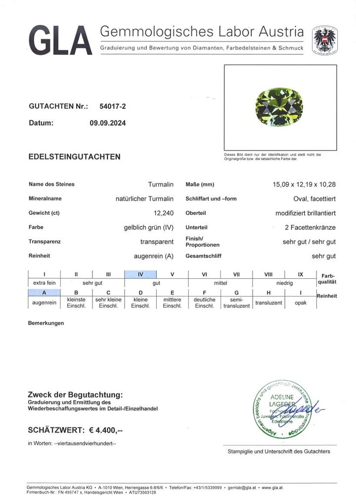 Gutachten zu Turmalin oval gelblich grün 12,24 ct