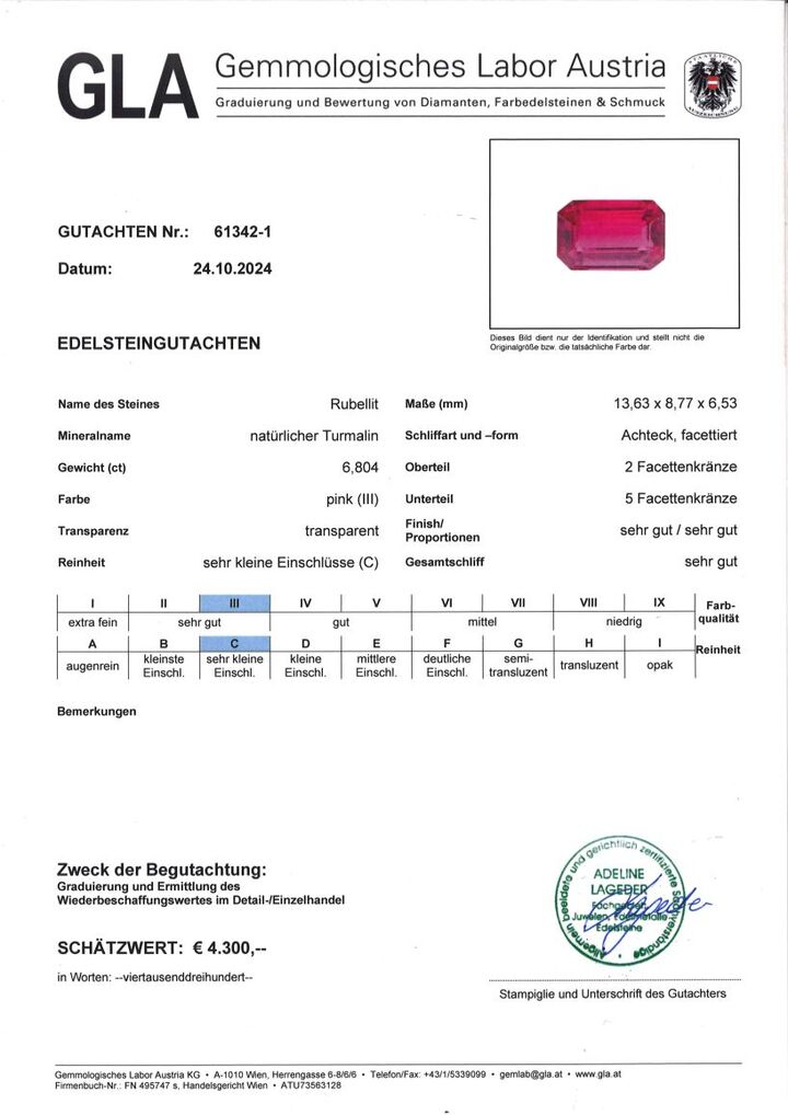 Gutachten zu Rubellit Turmalin octagon rötlich-pink 6,80 ct