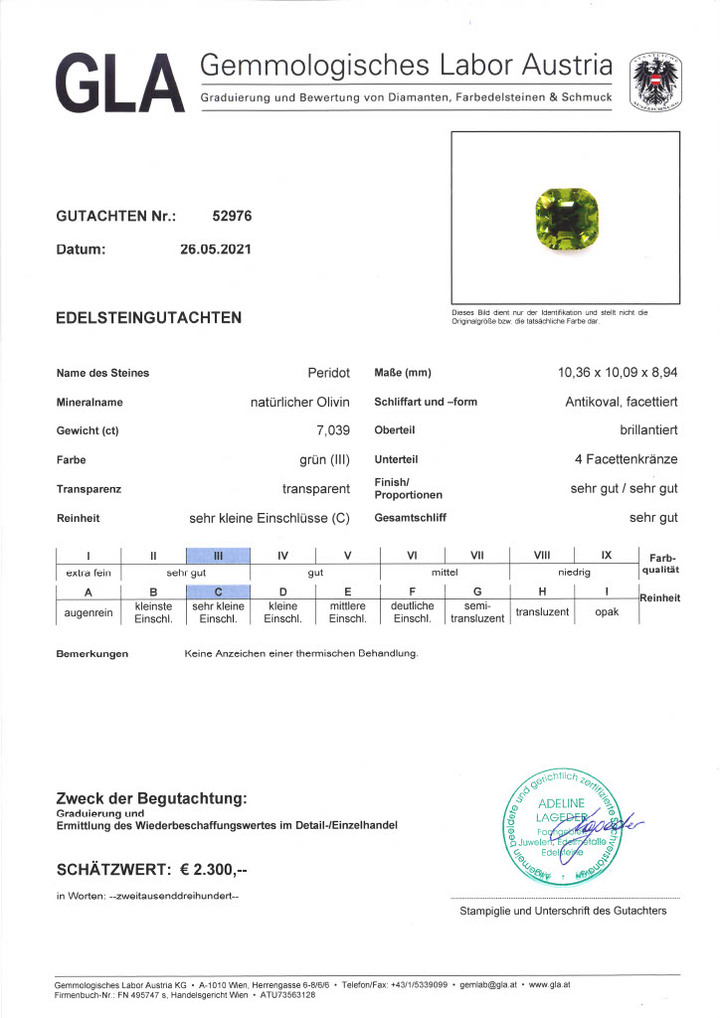 Gutachten zu Peridot antik intensives Grün 7,03 ct.