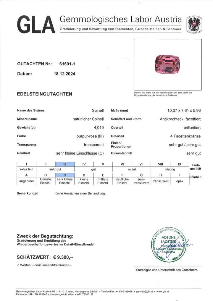 Gutachten zu Spinell antik purpur-rosa unbehandelt 4,01 ct.