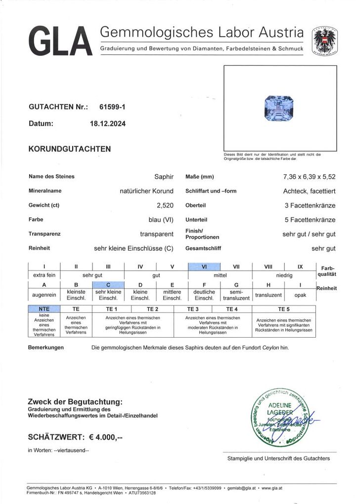 Gutachten zu Saphir octagon blau unbehandelt 2,52 ct.