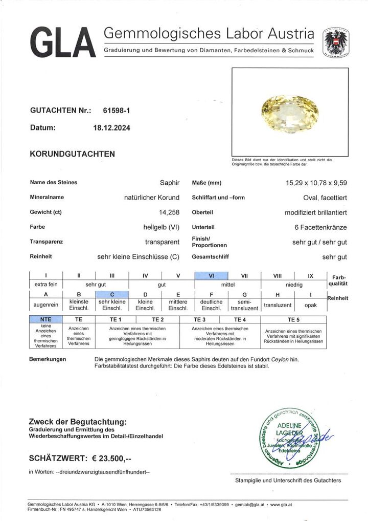 Gutachten zu Saphir oval hellgelb ungebrannt 14,25 ct