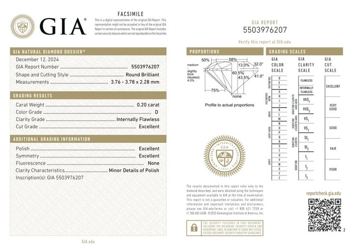 Gutachten zu Diamant Brillant hochfeines Weiss D-EX lupenrein 0,20 ct