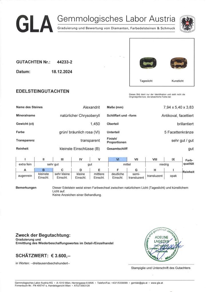 Gutachten zu Alexandrit antik bräunlich orangerosa Kunstlicht 1,45 ct