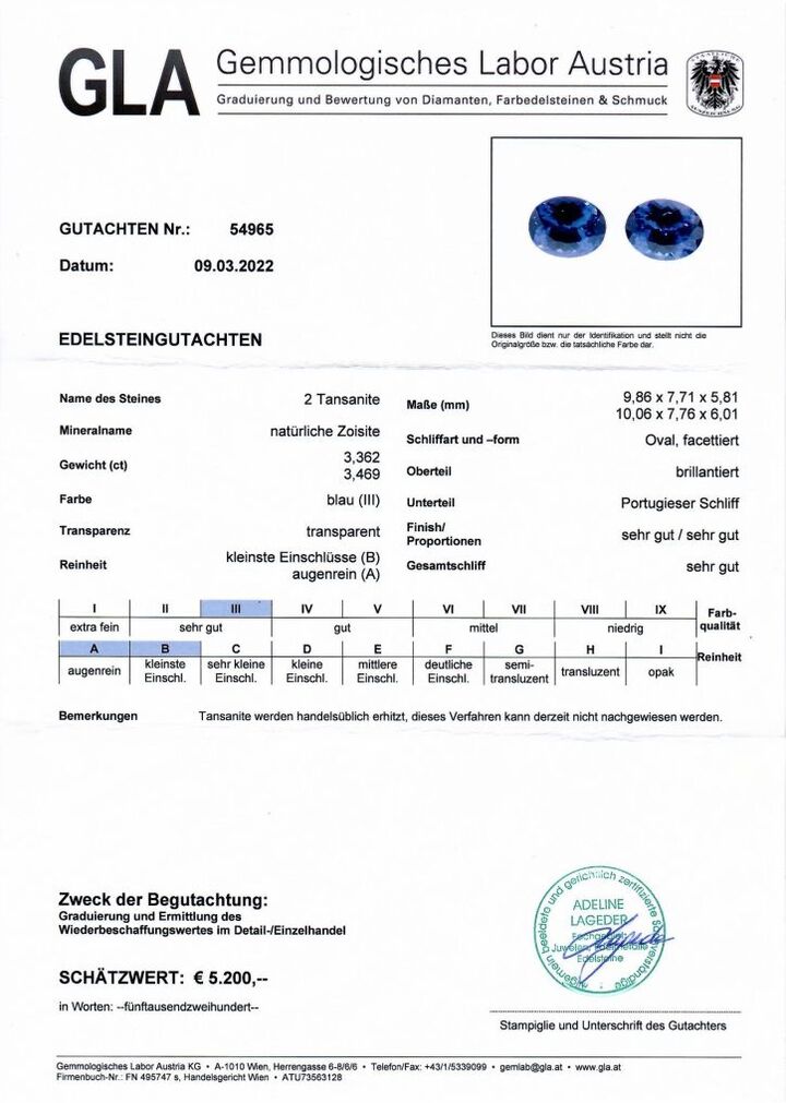 Gutachten zu Tansanit Duo oval intensives Blau 6,83 ct.