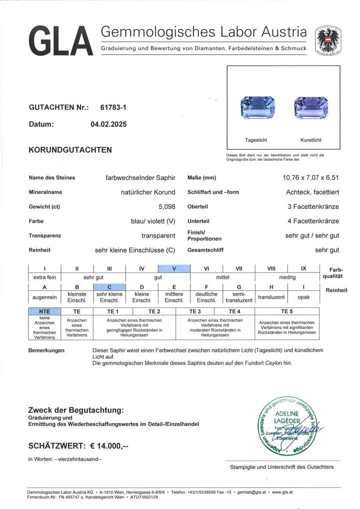 Gutachten zu Saphir octagon bläulich-lila ungebrannt 5,09 ct.