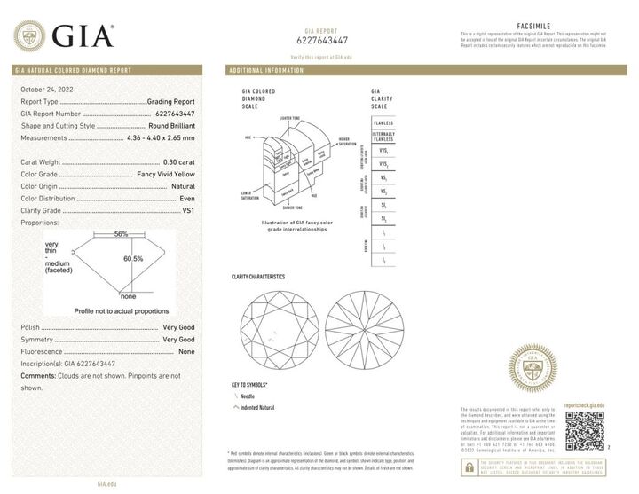 Gutachten zu Farbdiamant Brillant sehr intensives Gelb vs1 0,30 ct