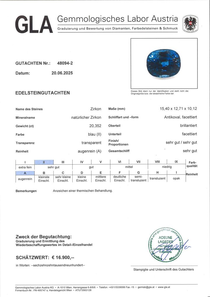 Gutachten zu Zirkon antikoval intensives Blau 20,35 ct.