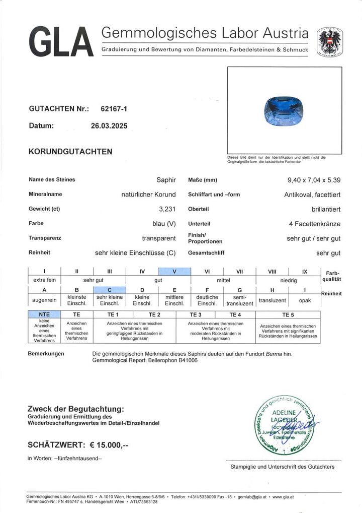 Gutachten zu Burma Sapphire cushion blue untreated 3.23 ct.