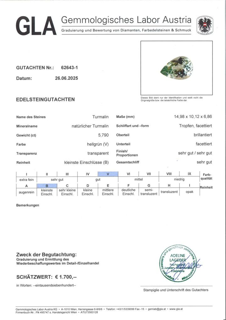 Gutachten zu Tourmaline pear light green 5.79 ct