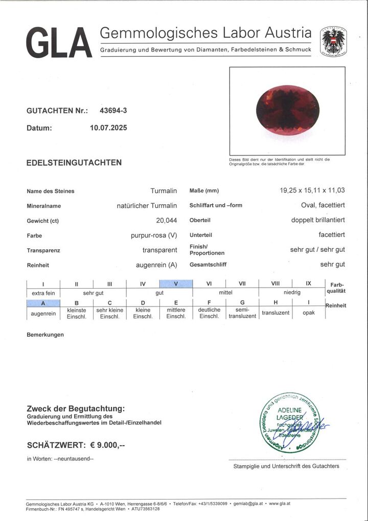 Gutachten zu Tourmaline oval purplish pink 20.04 ct.