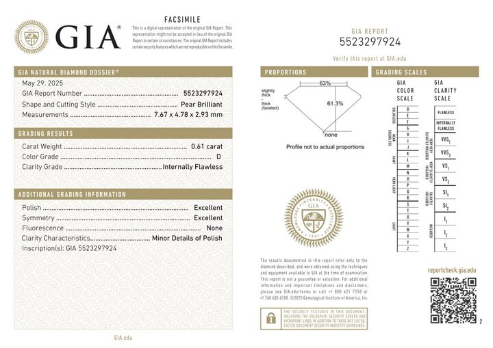 Gutachten zu Diamant Tropfen hochfeines Weiss+ (D) lupenrein 0,61 ct.