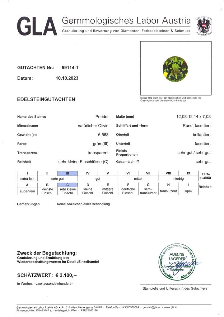 Gutachten zu Peridot round green untreated 6.56 ct.