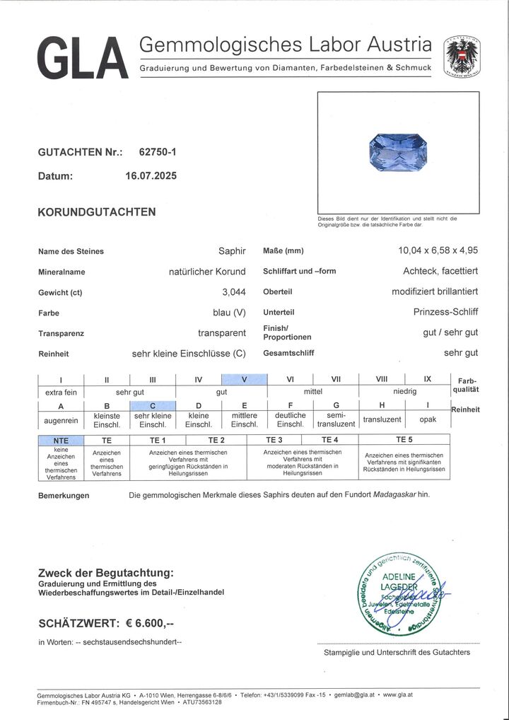 Gutachten zu Saphir octagon-princess blau ungebrannt 3,04 ct.