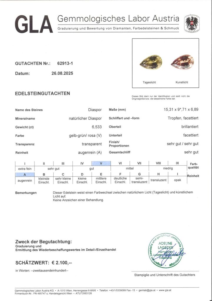 Gutachten zu Diaspore Sultanit pear yellow green 6.53 ct