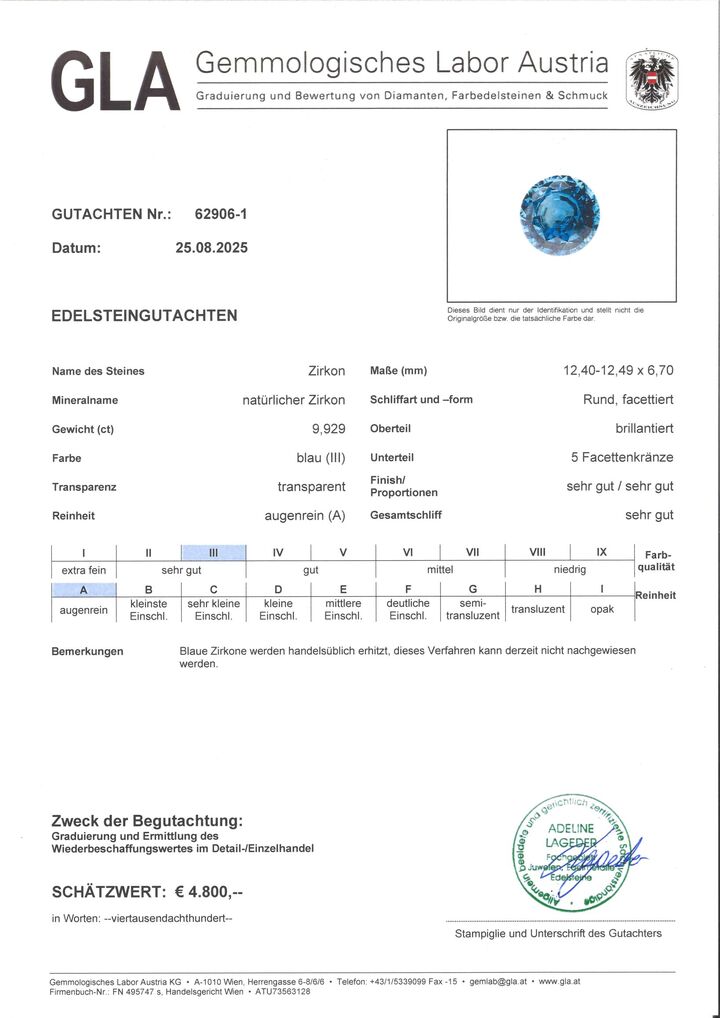 Gutachten zu Zirkon rund blau 9,92 ct.