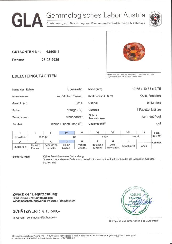 Gutachten zu Mandarin-Granat oval orange 9,31 ct.