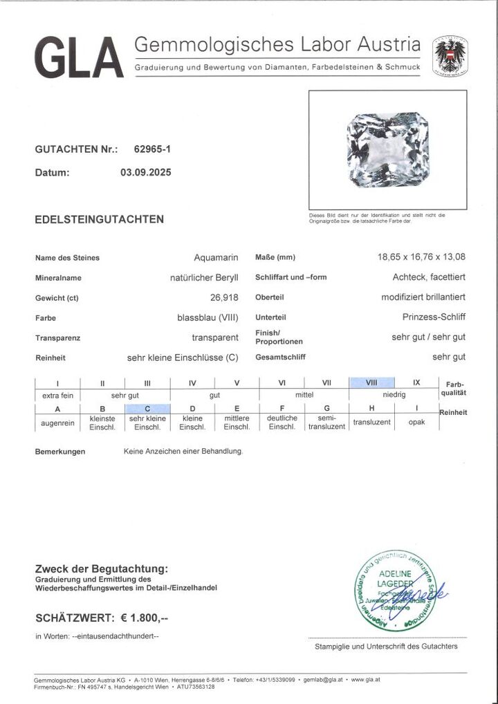 Gutachten zu Aquamarine octagon very light blue 26.92 ct