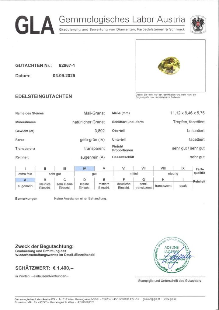 Gutachten zu Mali-Granat Tropfen gelbgrün 3,89 ct