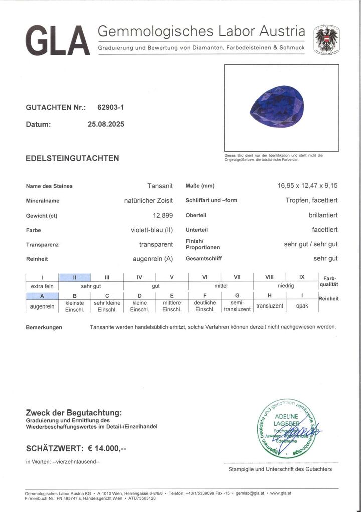 Gutachten zu Tanzanite pear intense blue 12.89 ct.