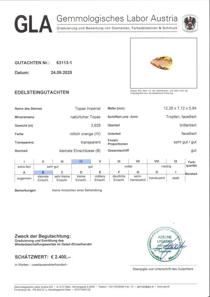 Gutachten zu Imperial Topas Tropfen orange 3,92 ct