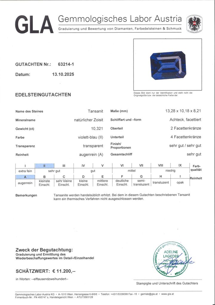 Gutachten zu Tanzanite octagon intense blue 10.32 ct.