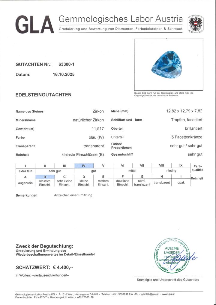 Gutachten zu Zirkon Tropfen blau 11,51 ct.