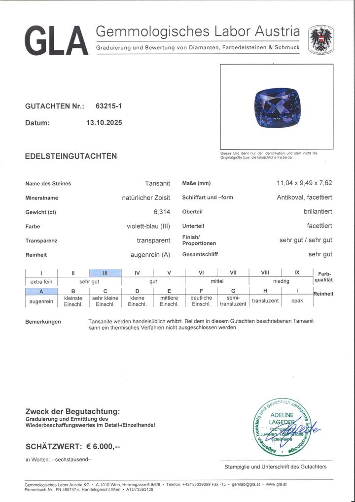 Gutachten zu Tansanit antik intensives Violettblau 6,31 ct.