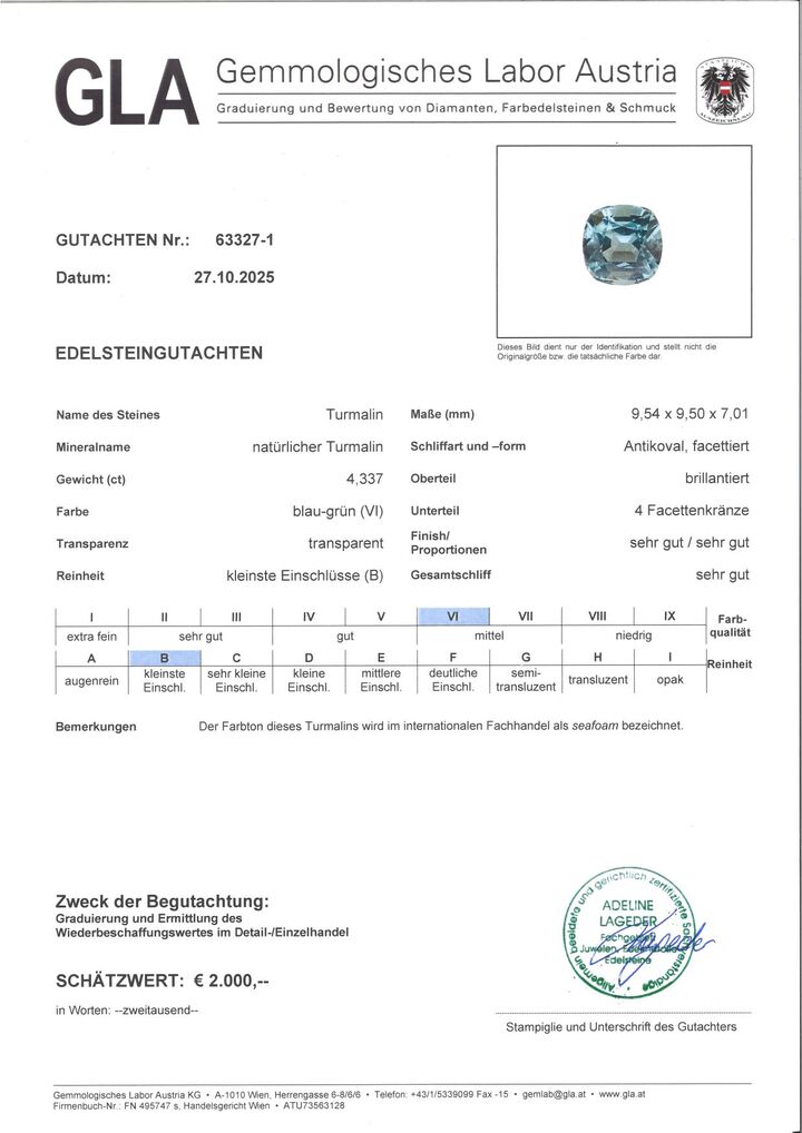 Gutachten zu Turmalin antik blaugrün seafoam 4,33 ct.