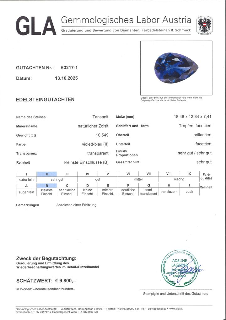Gutachten zu Tanzanite pear intense blue 10.54 ct.