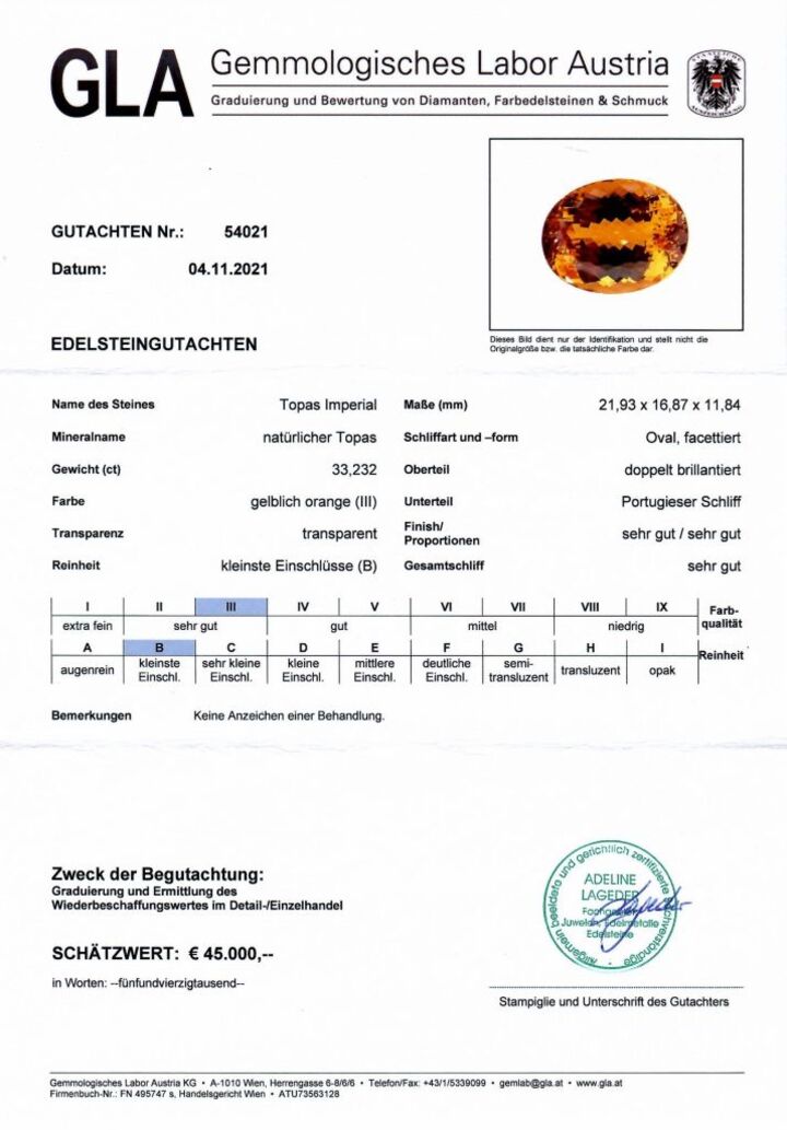 Gutachten zu Imperial Topas oval orange unbehandelt 33,23 ct.