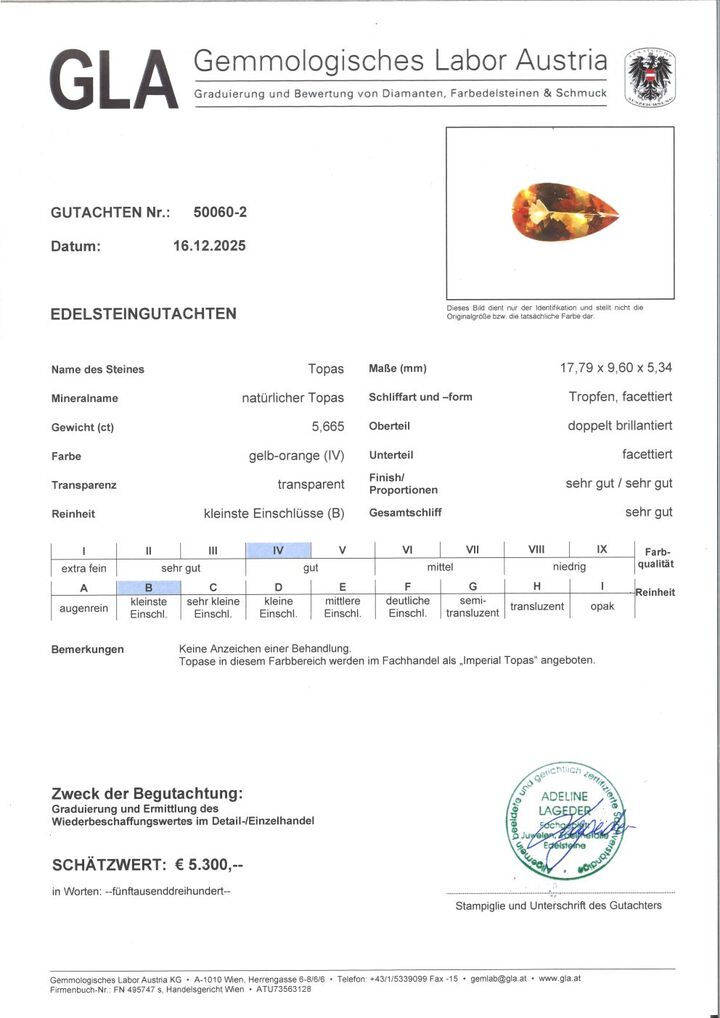 Gutachten zu Imperial-Topas Tropfen gelborange 5,66 ct