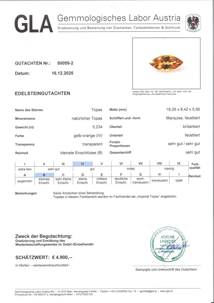 Gutachten zu Imperial-Topas Navette gelborange 5,23 ct