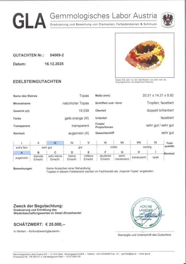 Gutachten zu Imperial Topas Tropfen intensives Gelborange unbehandelt 19,03 ct.