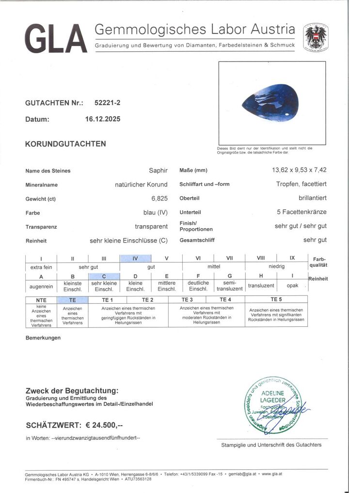 Gutachten zu Saphir Korund Tropfen blau 6,82 ct