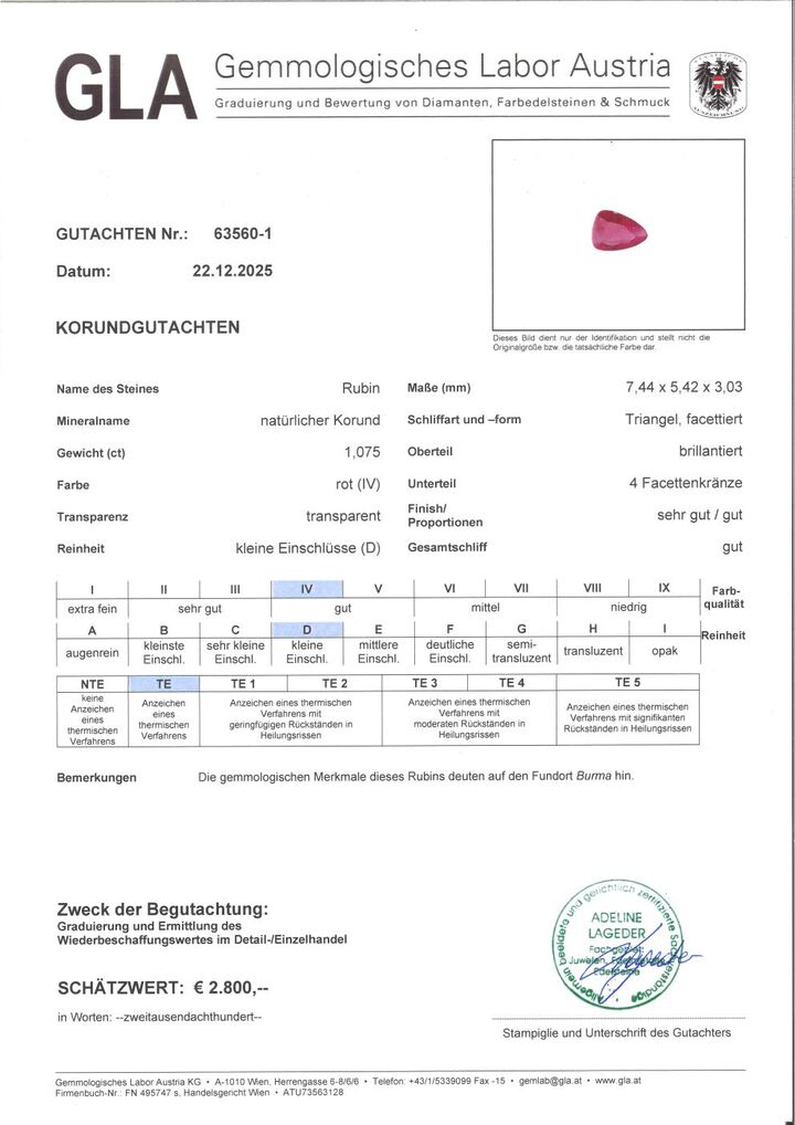 Gutachten zu Burma Rubin Trillion rot 1,07 ct