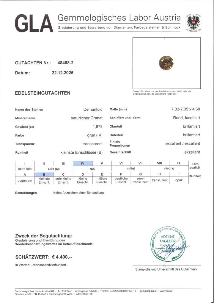 Gutachten zu Demantoid Granat rund-brillantiert grün 1,67 ct