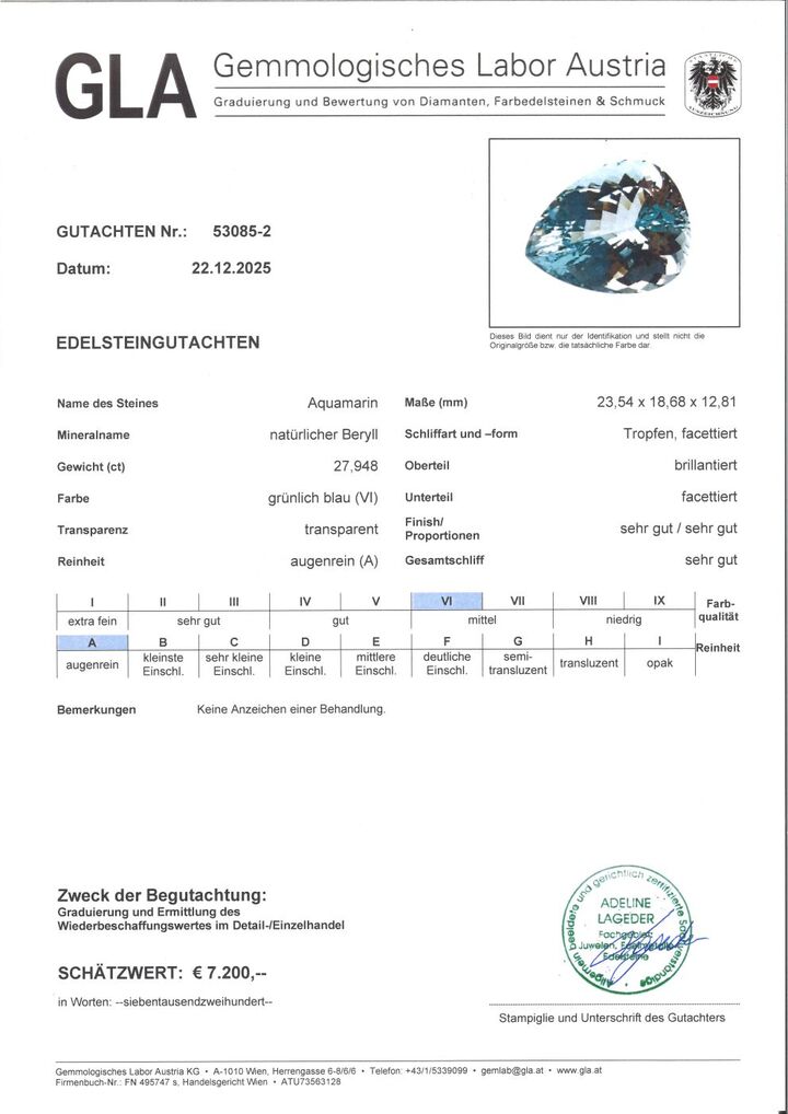 Gutachten zu Aquamarine pear light blue unheated 27.94 ct