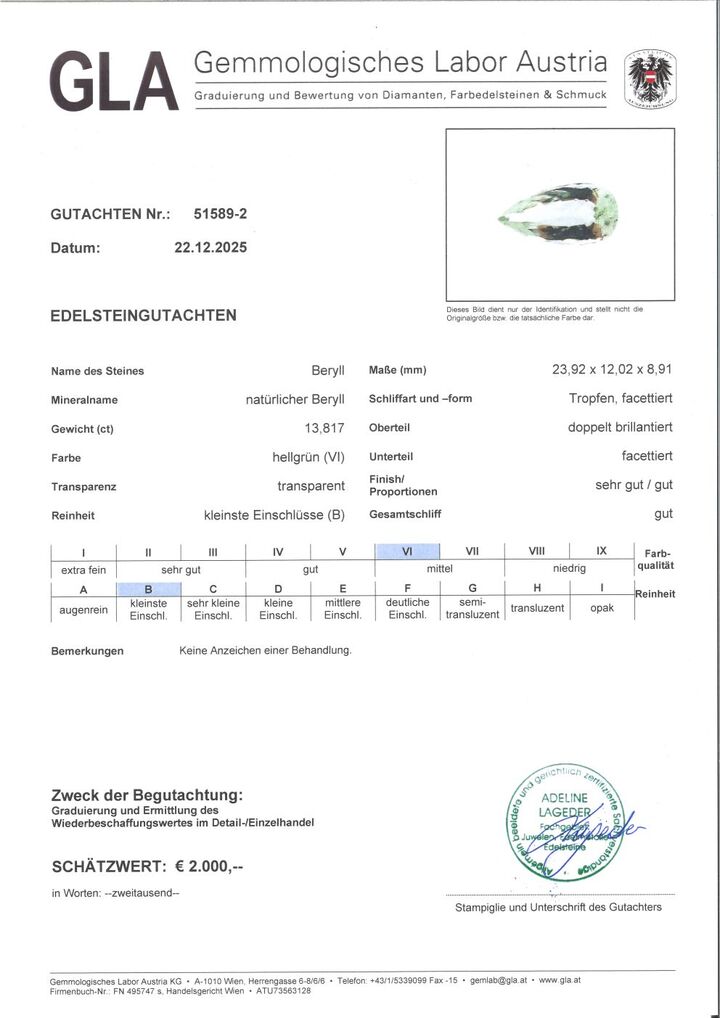 Gutachten zu Edelberyll Tropfen hellgrün 13,81 ct