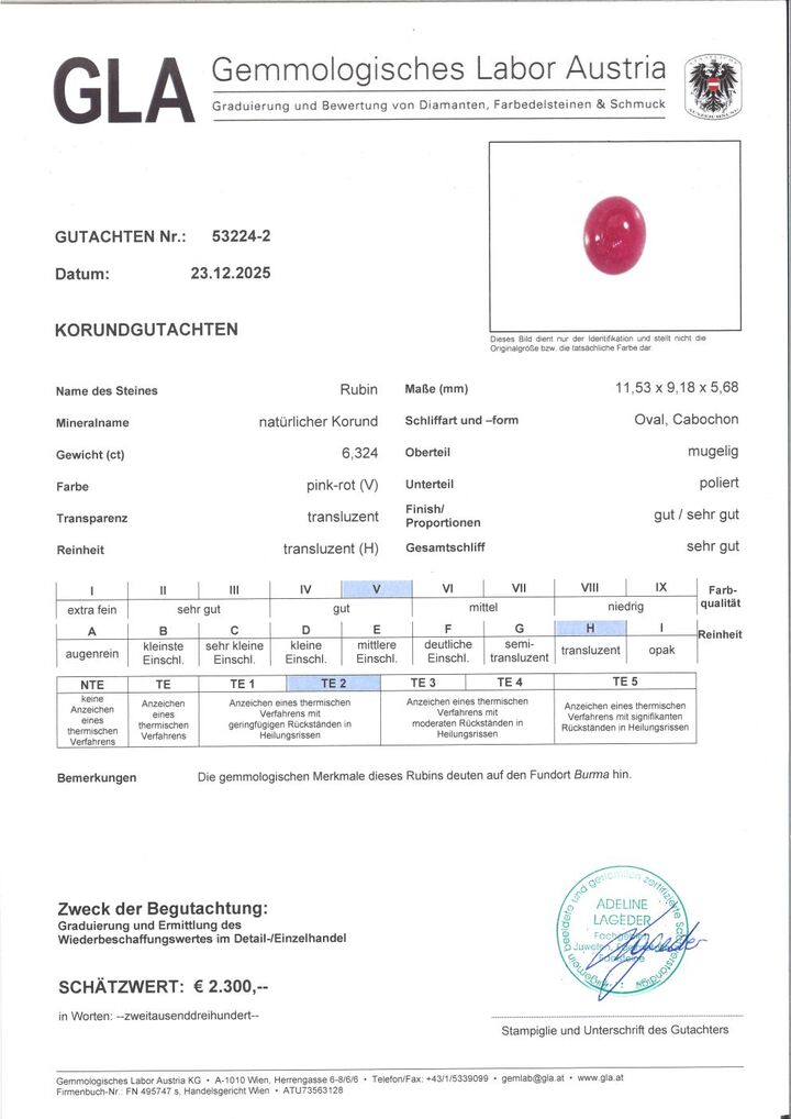 Gutachten zu Burma Rubin Cabochon oval 6,32 ct.