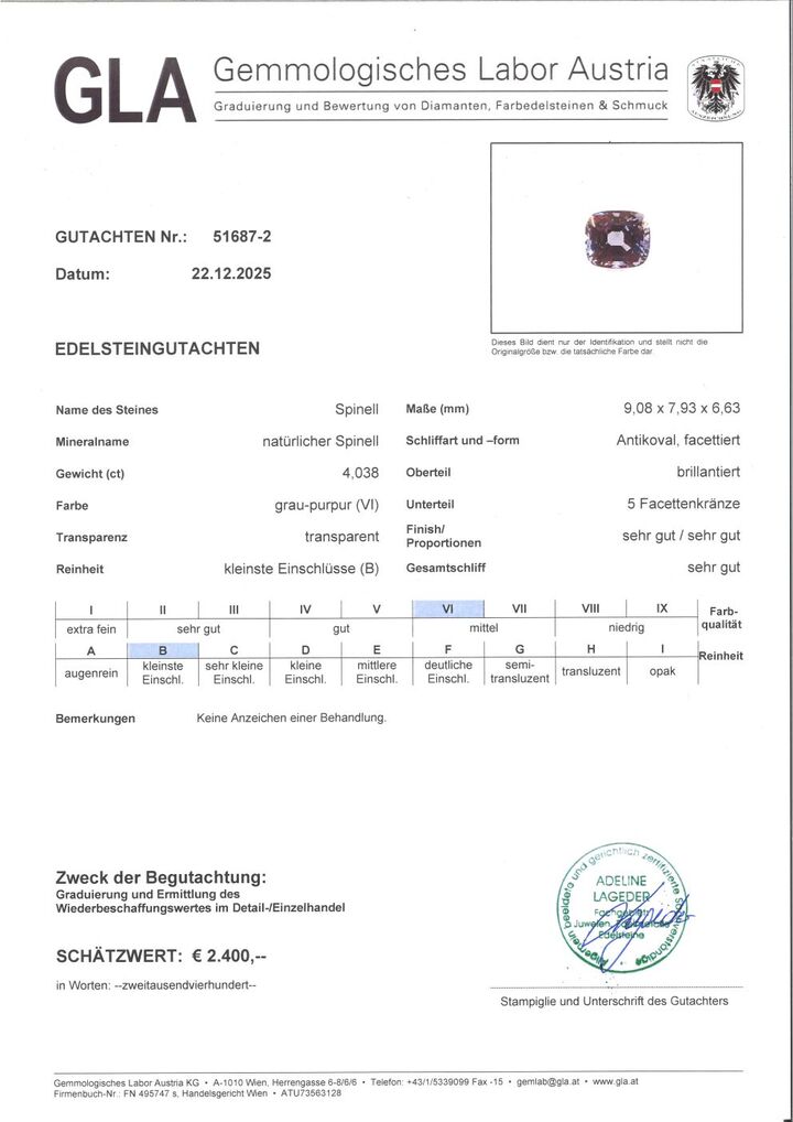 Gutachten zu Spinell antikoval gräulich-lavendel 4,03 ct