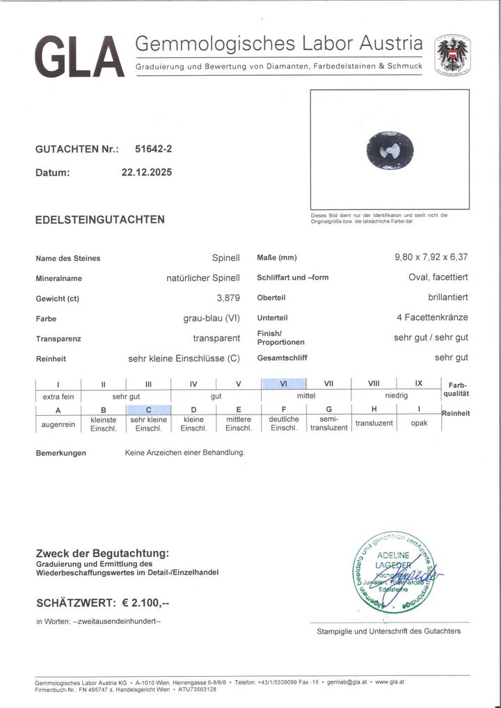 Gutachten zu Spinell oval blau 3,88 ct