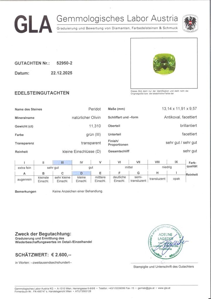 Gutachten zu Peridot antik 11,31 ct